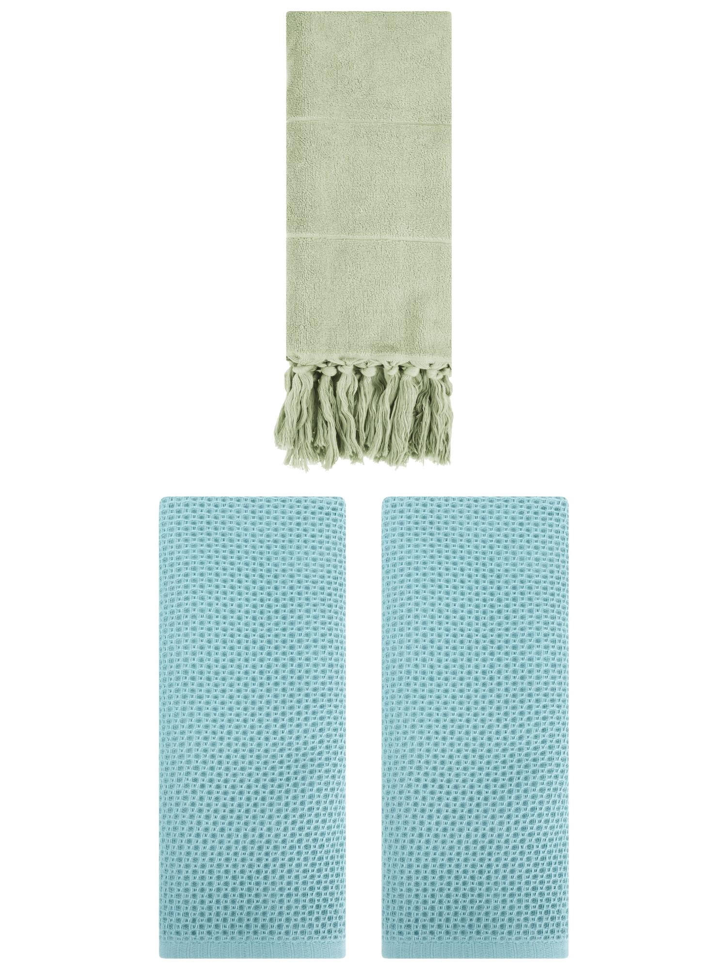 Unique Bargains 3 Pcs Tassels Waffle Hand Towel Green/Light Blue 14"x30"/13"x30"