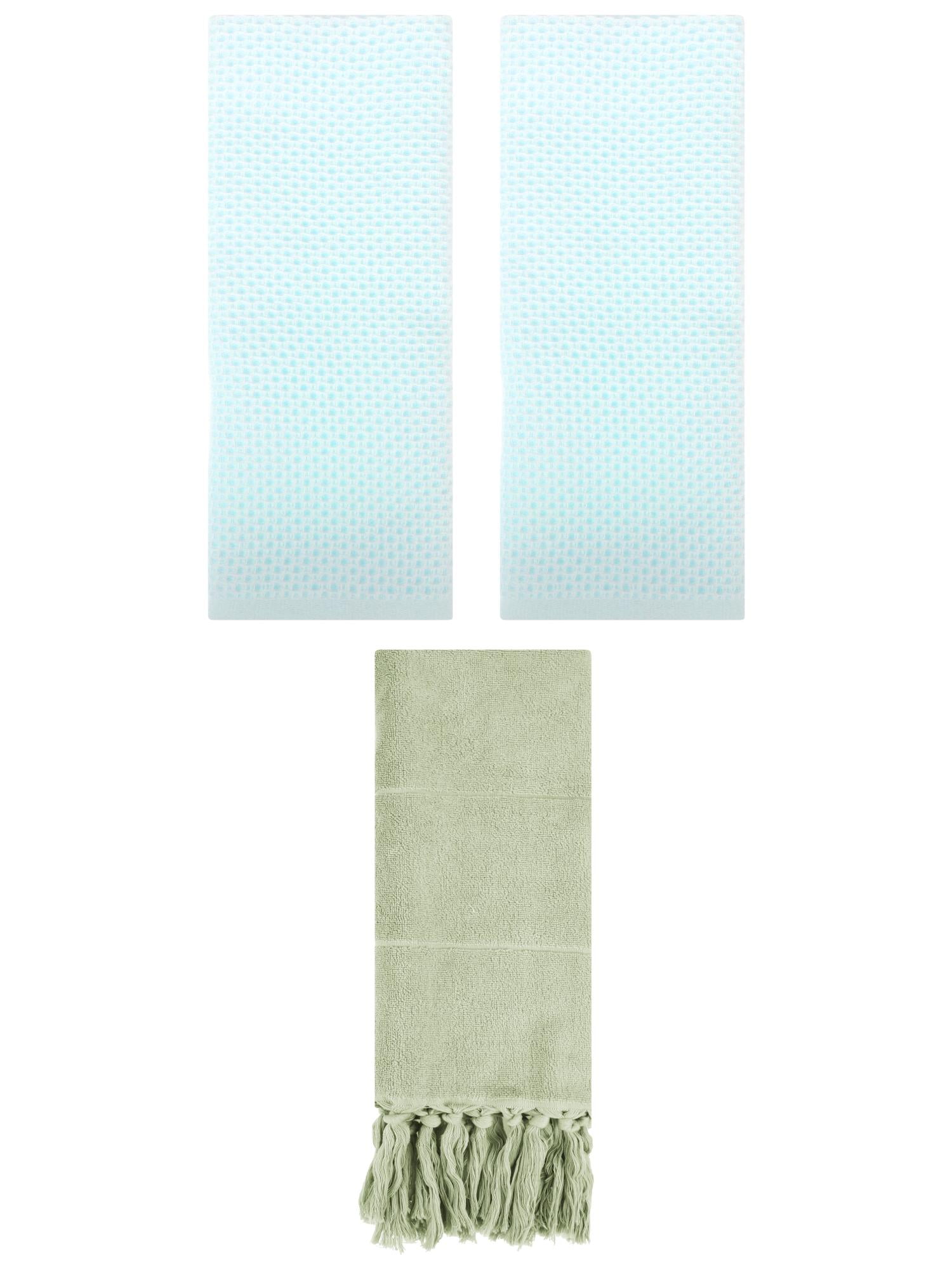 Unique Bargains 3 Pcs Tassels Waffle Hand Towel Green/Light Cyan 14"x30"/13"x30"