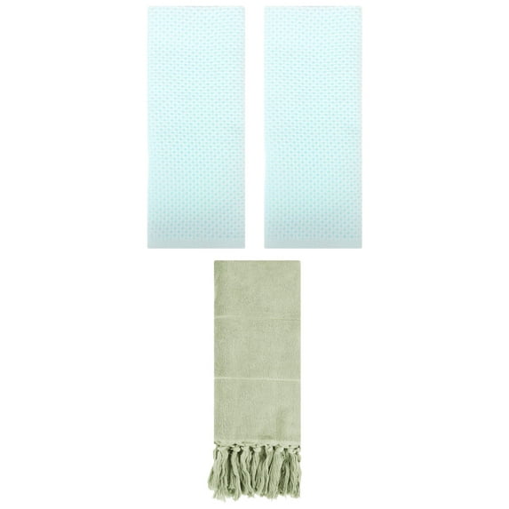 Unique Bargains 3 Pcs Tassels Waffle Hand Towel Green/Light Cyan 14"x30"/13"x30"