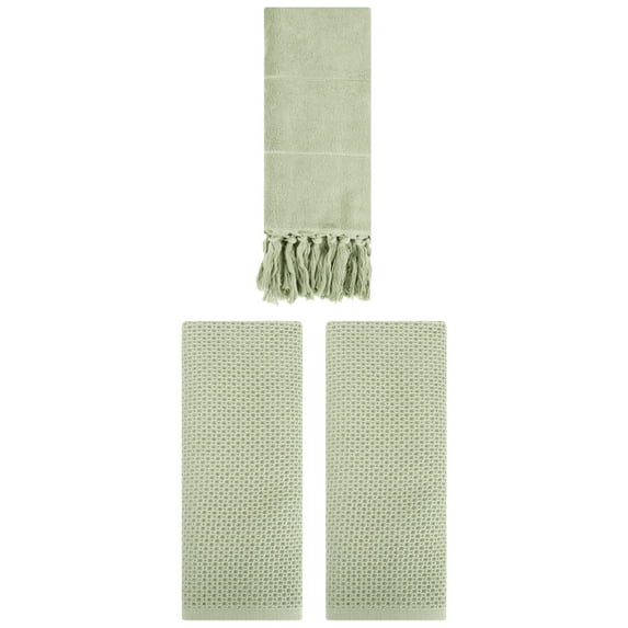 Unique Bargains 3 Pcs Tassels Waffle Hand Towel Green/Light Green 14"x30"/13"x30"
