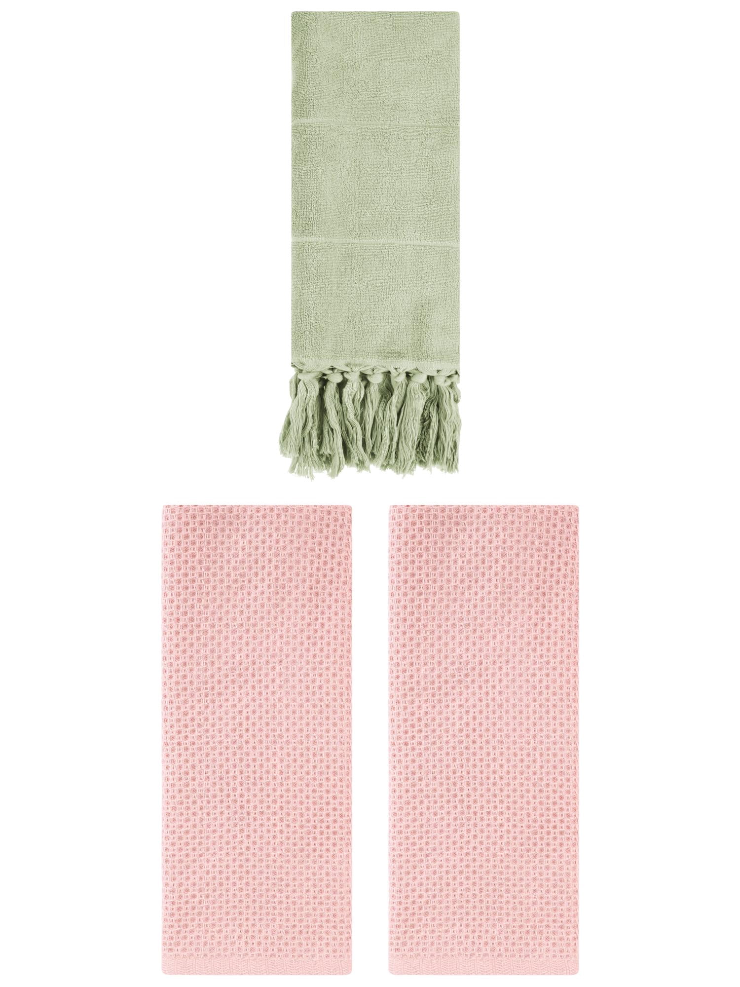 Unique Bargains 3 Pcs Tassels Waffle Hand Towel Green/Pink 14"x30"/13"x30"