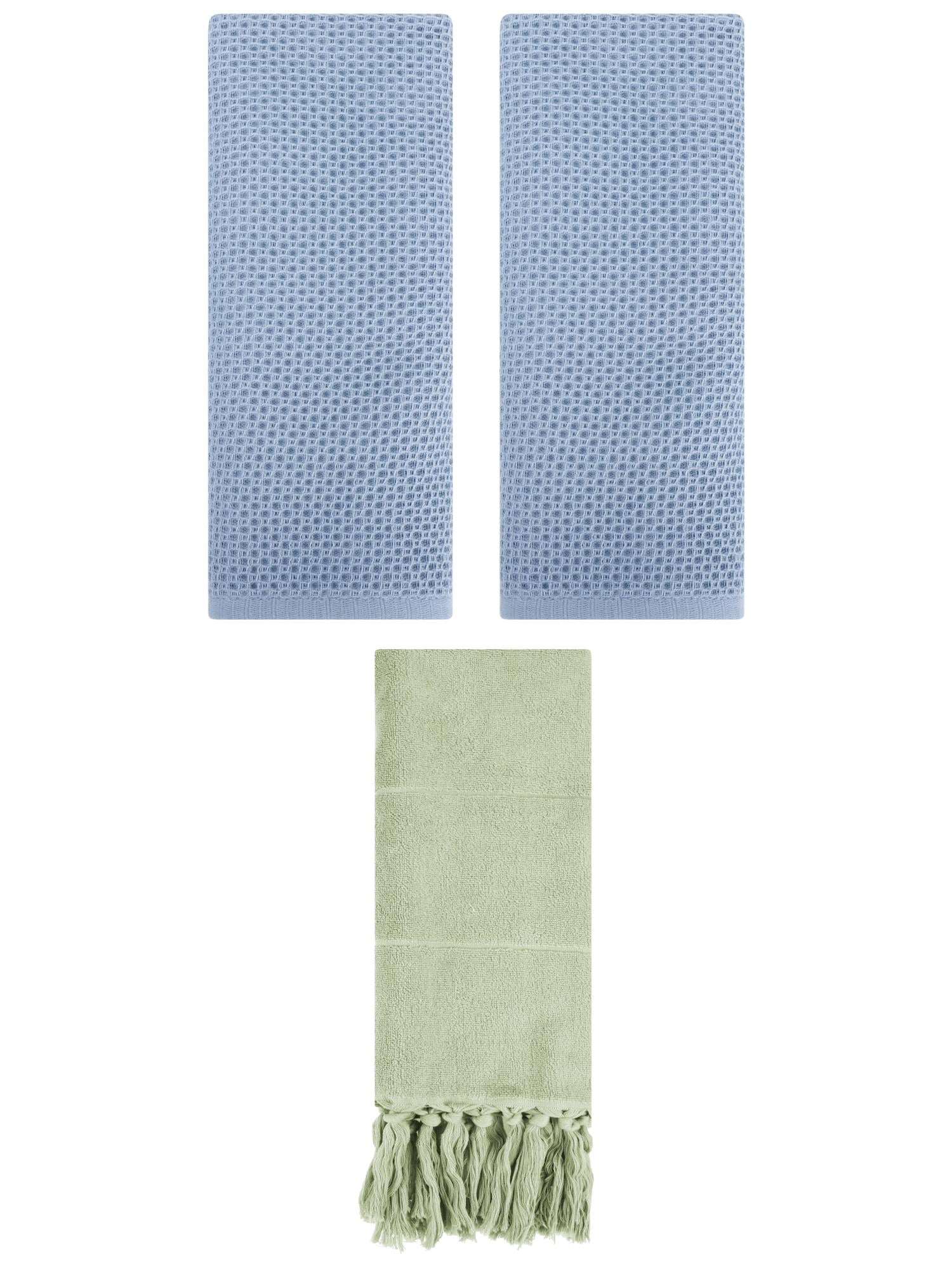 Unique Bargains 3 Pcs Tassels Waffle Hand Towel Green/Steel Blue 14"x30"/13"x30"