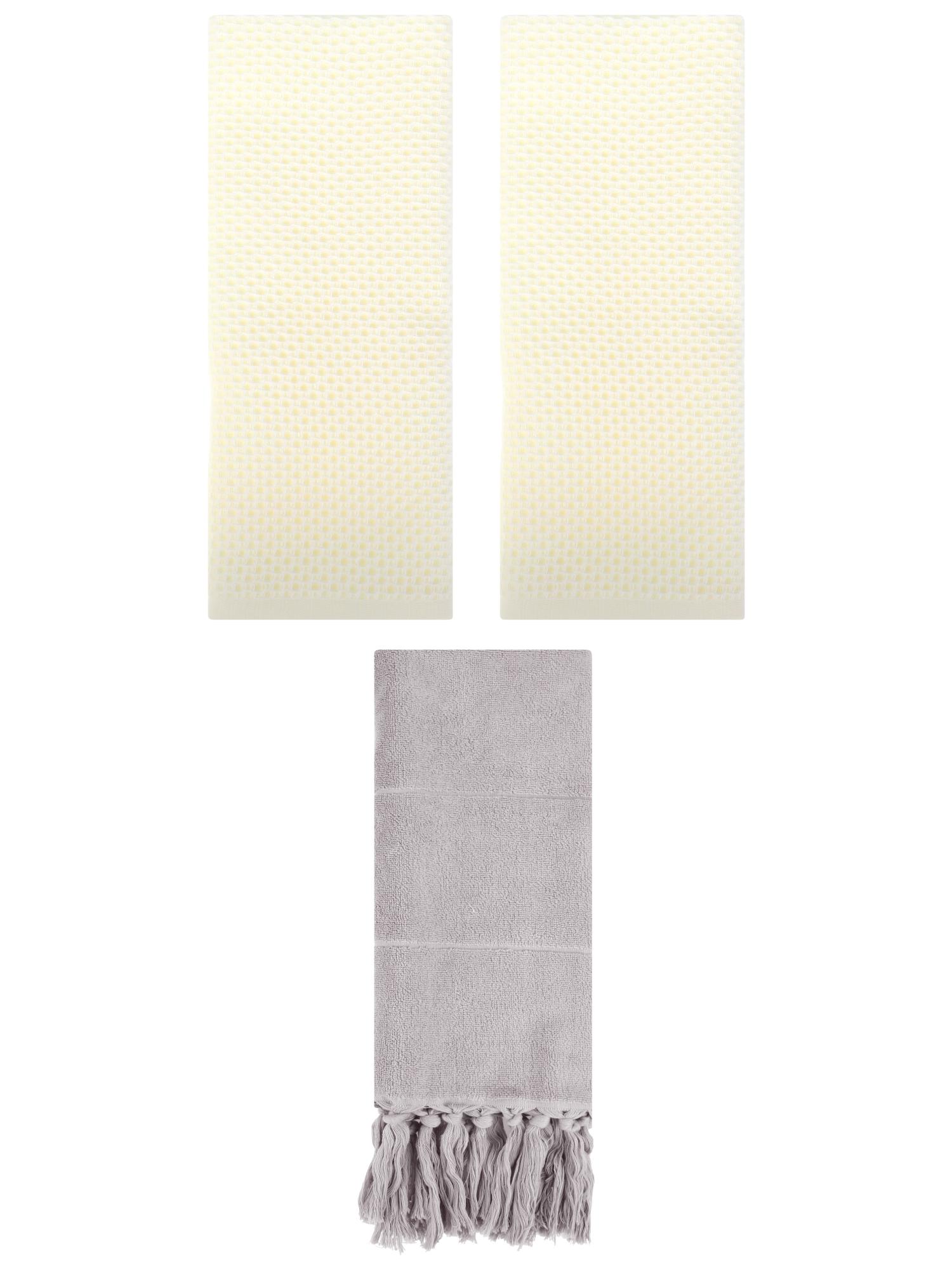 Unique Bargains 3 Pcs Tassels Waffle Hand Towel Grey/Beige 14"x30"/13"x30"