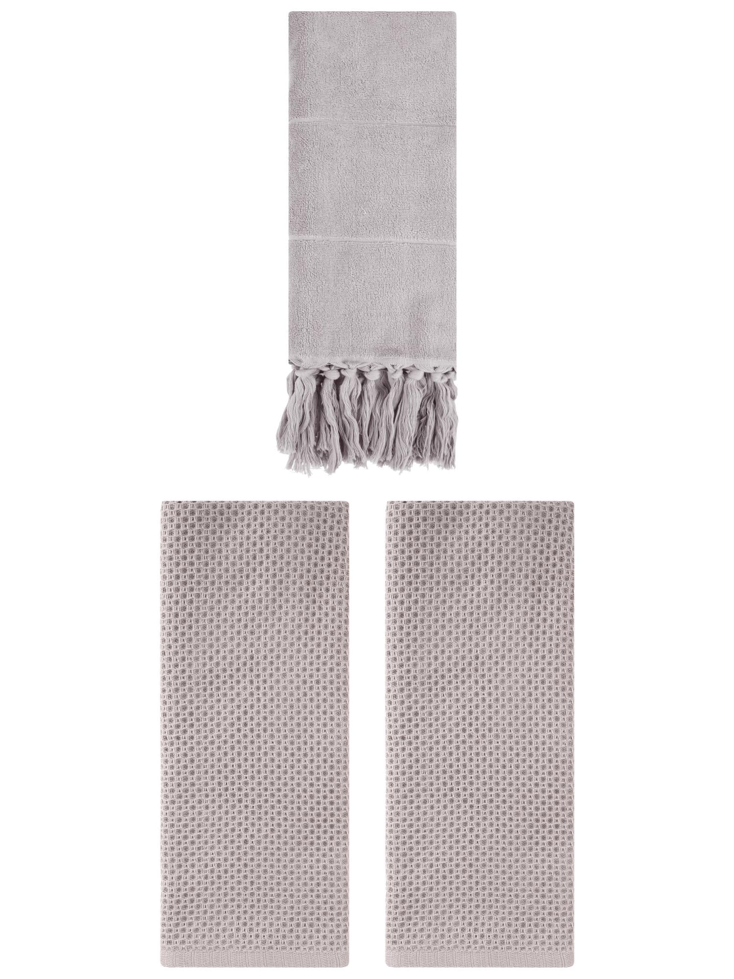 Unique Bargains 3 Pcs Tassels Waffle Hand Towel Grey/Camel 14"x30"/13"x30"