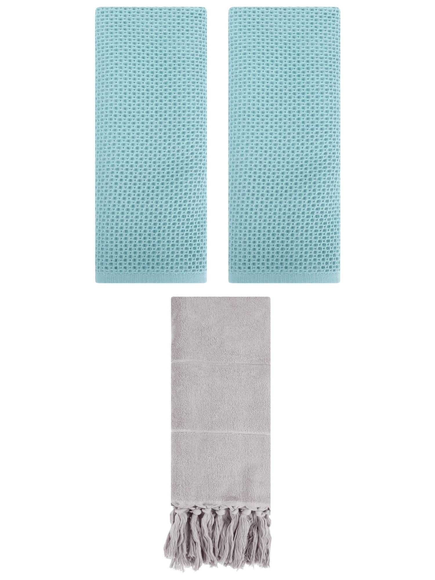 Unique Bargains 3 Pcs Tassels Waffle Hand Towel Grey/Light Blue 14"x30"/13"x30"