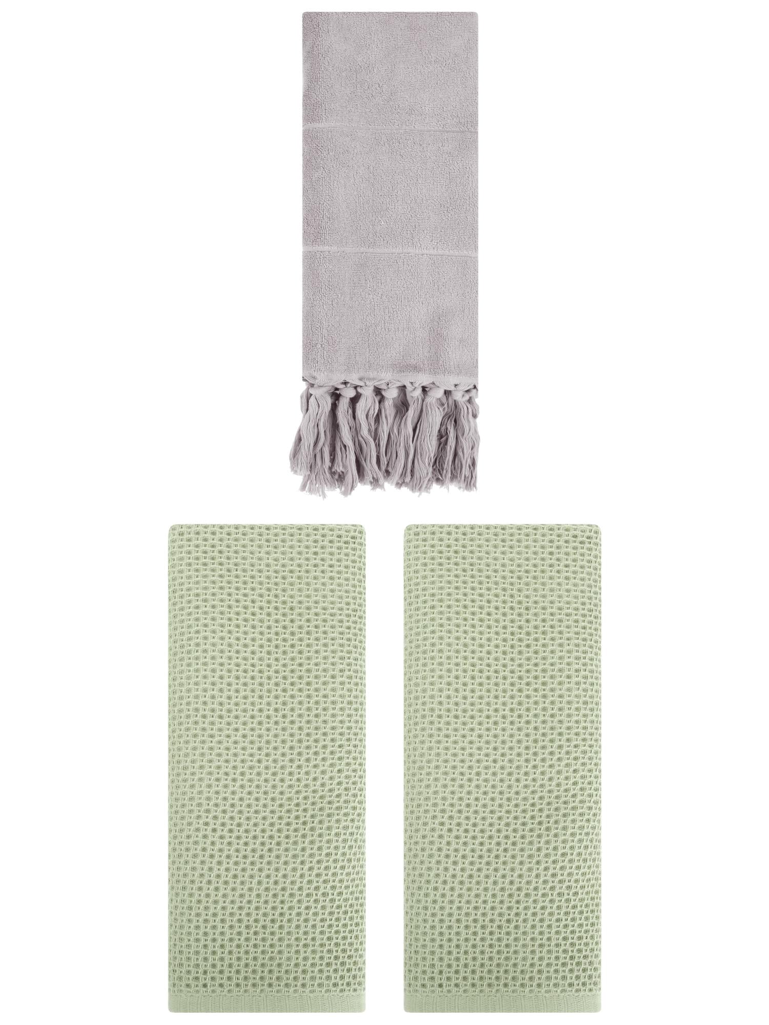 Unique Bargains 3 Pcs Tassels Waffle Hand Towel Grey/Light Green 14"x30"/13"x30"