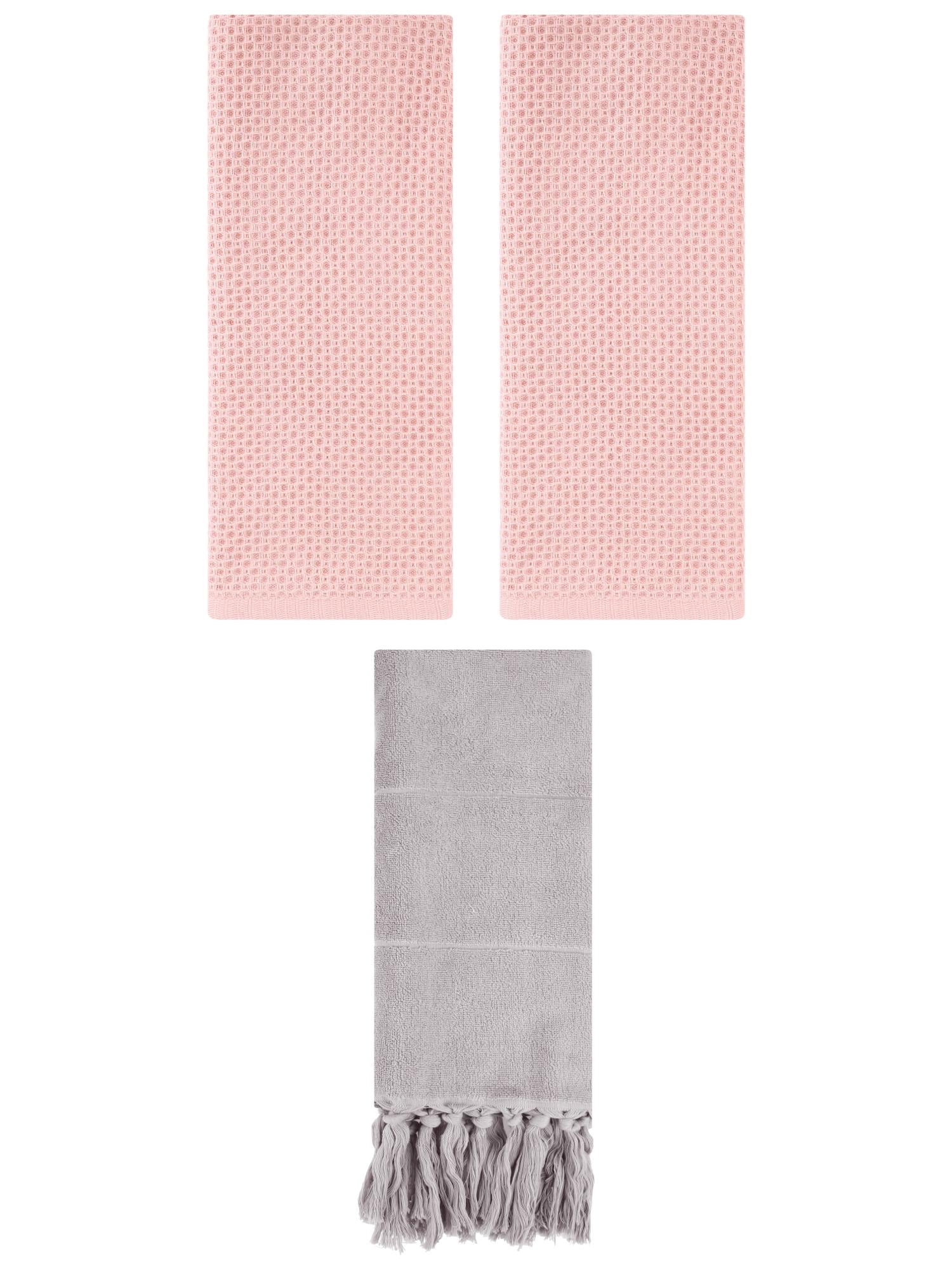 Unique Bargains 3 Pcs Tassels Waffle Hand Towel Grey/Pink 14"x30"/13"x30"