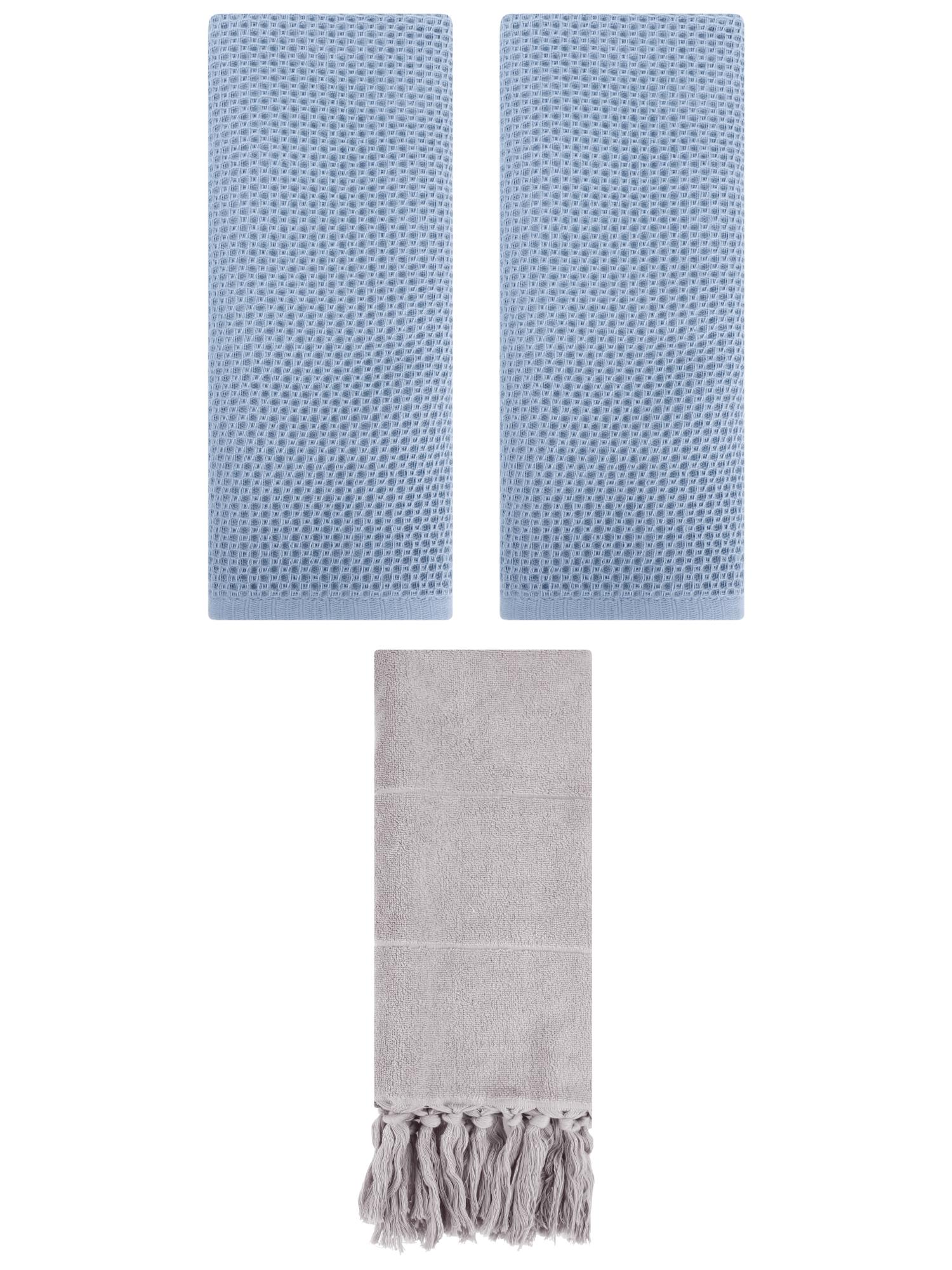 Unique Bargains 3 Pcs Tassels Waffle Hand Towel Grey/Steel Blue 14"x30"/13"x30"