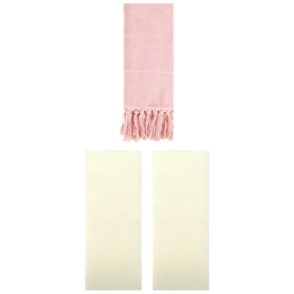 Unique Bargains 3 Pcs Tassels Waffle Hand Towel Pink/Beige 14"x30"/13"x30"