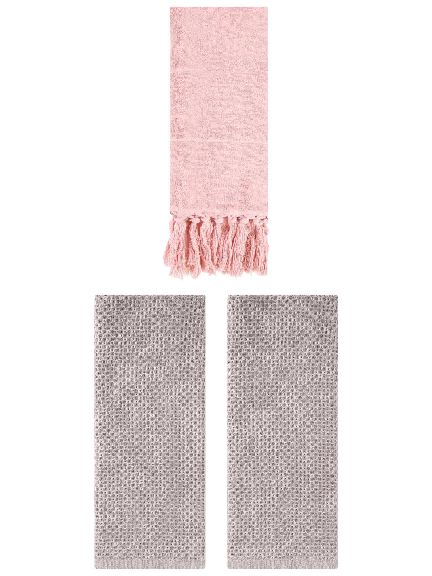 Unique Bargains 3 Pcs Tassels Waffle Hand Towel Pink/Camel 14"x30"/13"x30"