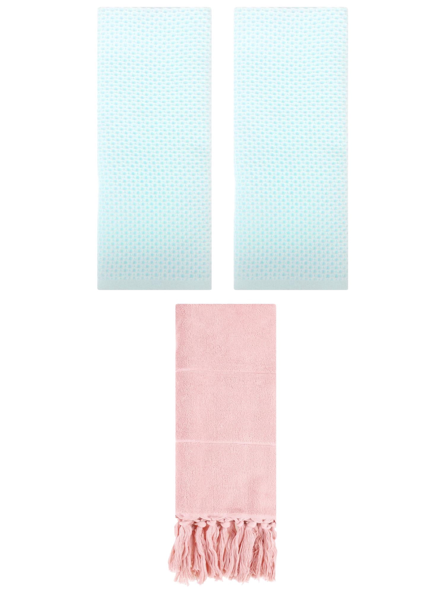 Unique Bargains 3 Pcs Tassels Waffle Hand Towel Pink/Light Cyan 14"x30"/13"x30"