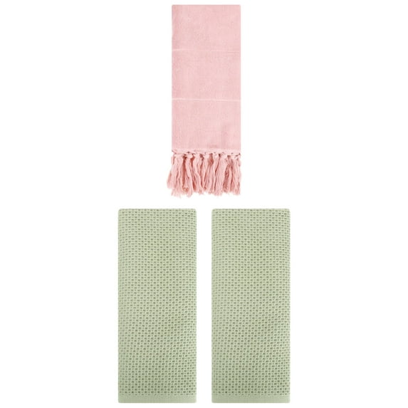 Unique Bargains 3 Pcs Tassels Waffle Hand Towel Pink/Light Green 14"x30"/13"x30"