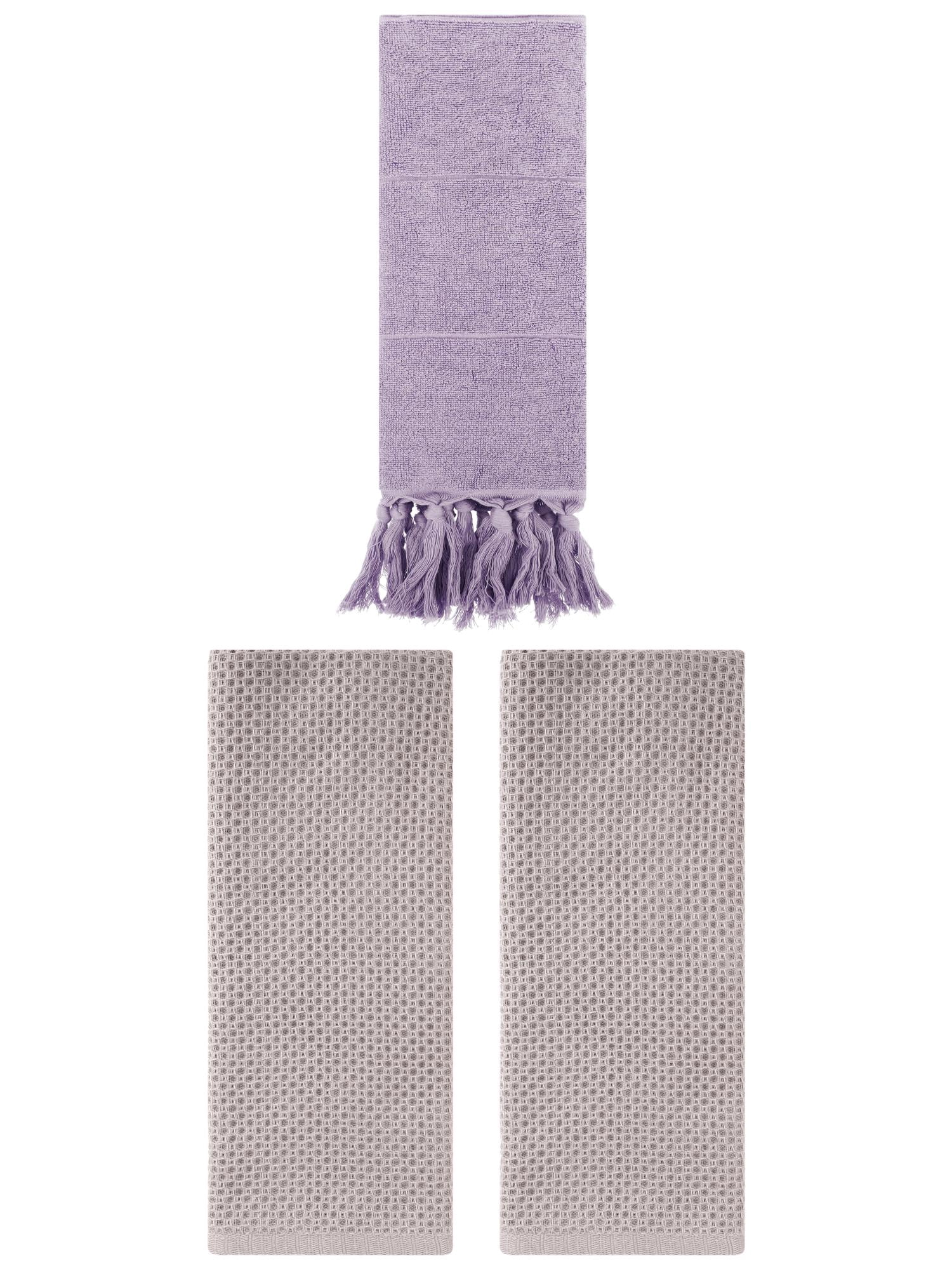Unique Bargains 3 Pcs Tassels Waffle Hand Towel Purple/Camel 14"x30"/13"x30"