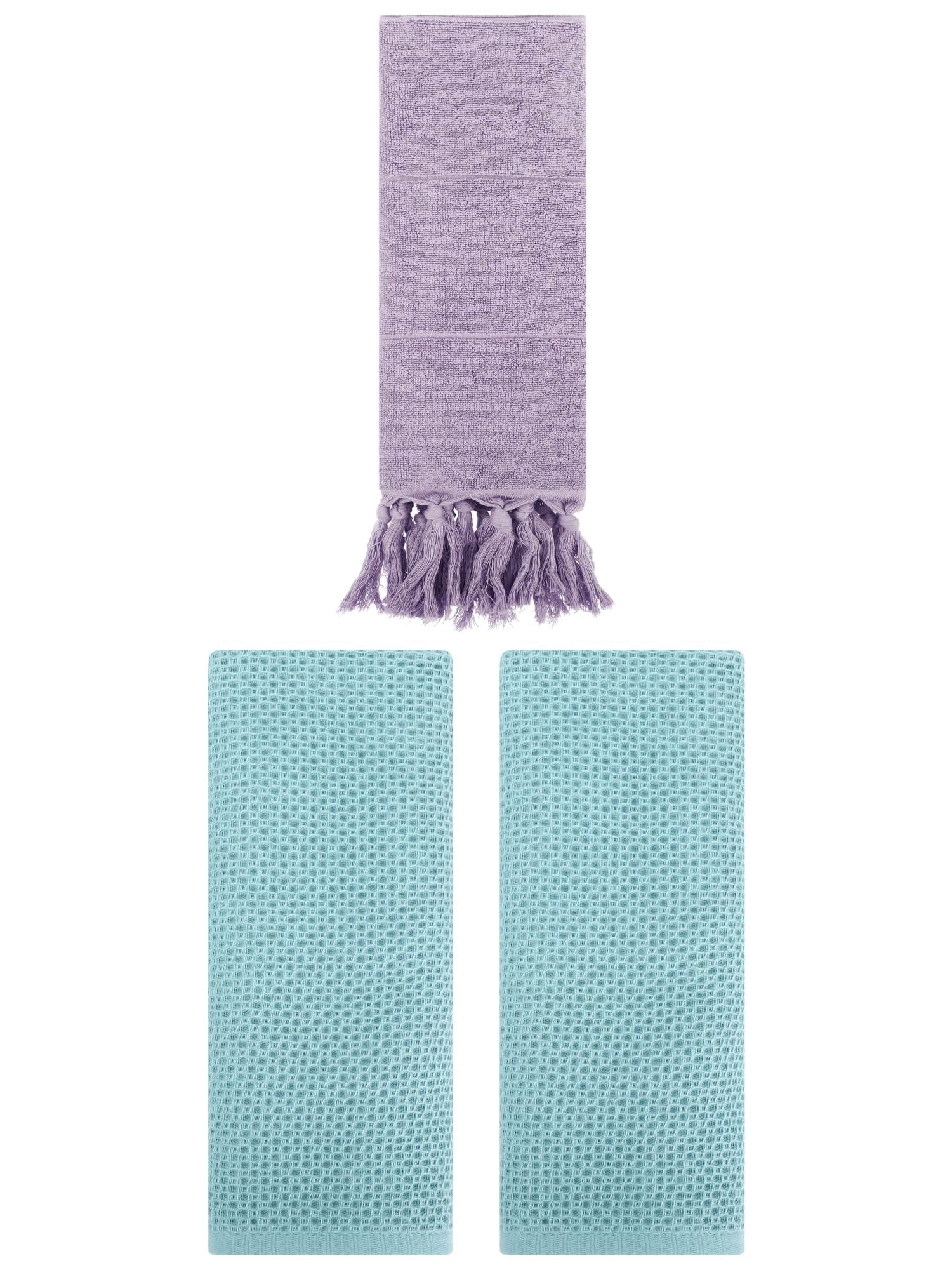 Unique Bargains 3 Pcs Tassels Waffle Hand Towel Purple/Light Blue 14"x30"/13"x30"