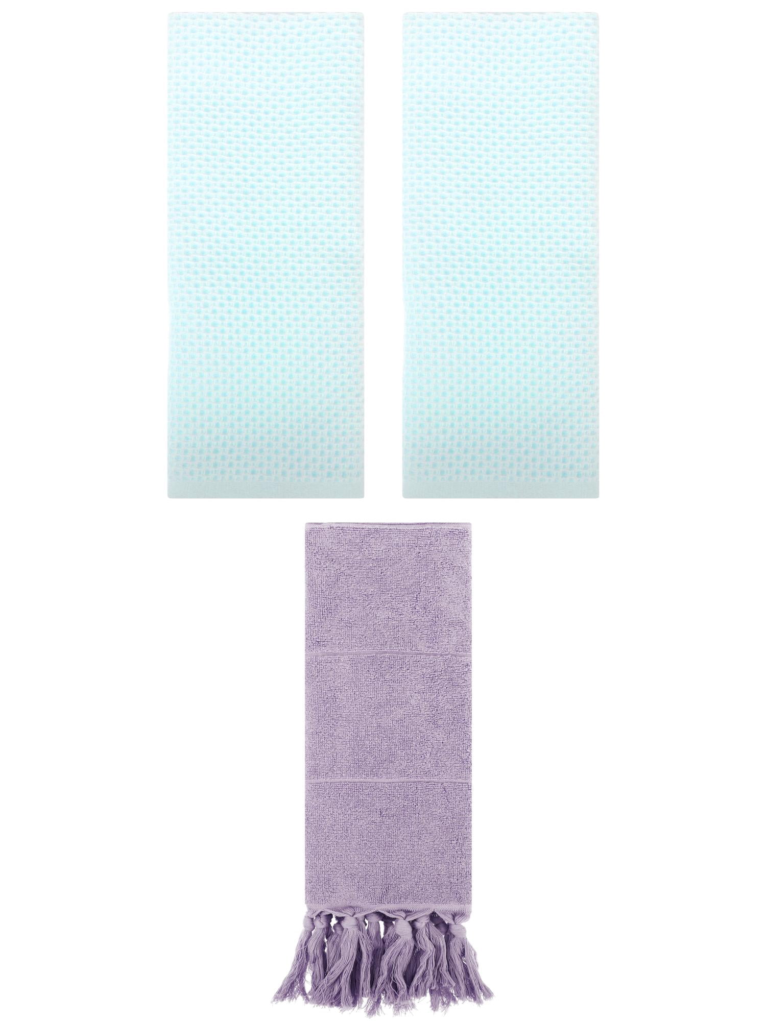 Unique Bargains 3 Pcs Tassels Waffle Hand Towel Purple/Light Cyan 14"x30"/13"x30"