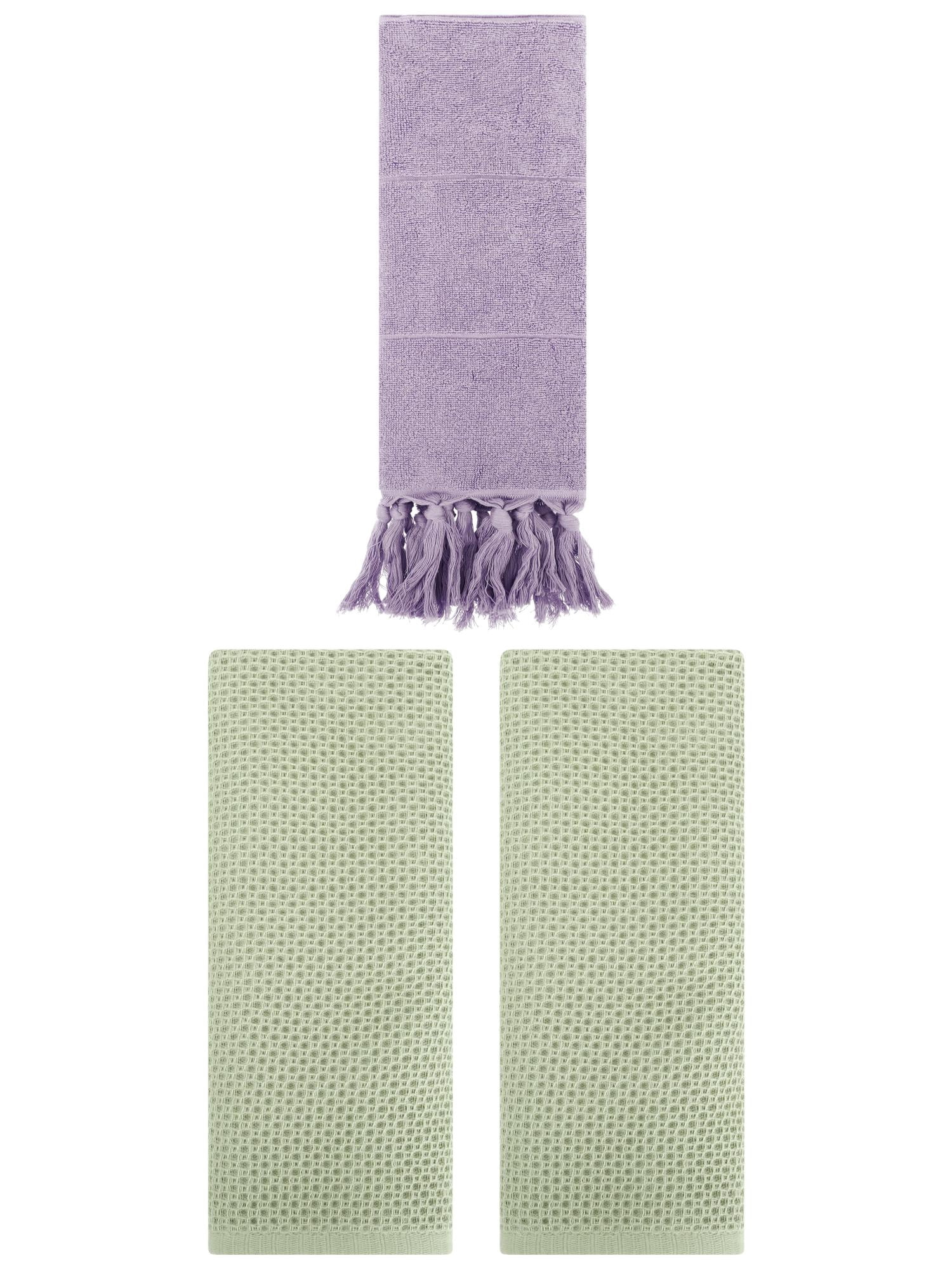 Unique Bargains 3 Pcs Tassels Waffle Hand Towel Purple/Light Green 14"x30"/13"x30"
