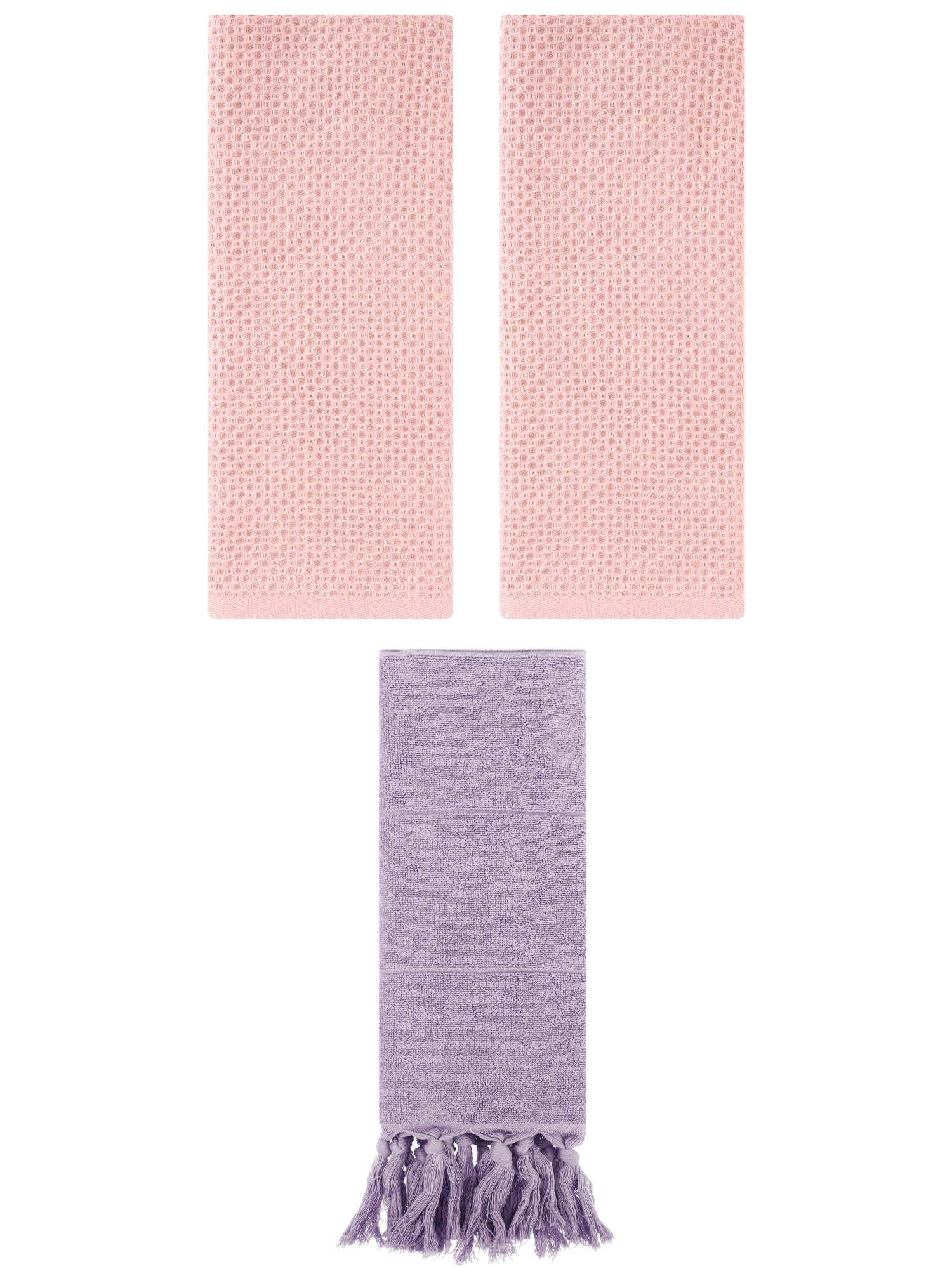 Unique Bargains 3 Pcs Tassels Waffle Hand Towel Purple/Pink 14"x30"/13"x30"