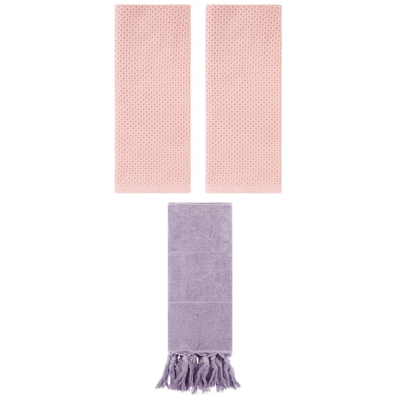 Unique Bargains 3 Pcs Tassels Waffle Hand Towel Purple/Pink 14"x30"/13"x30"