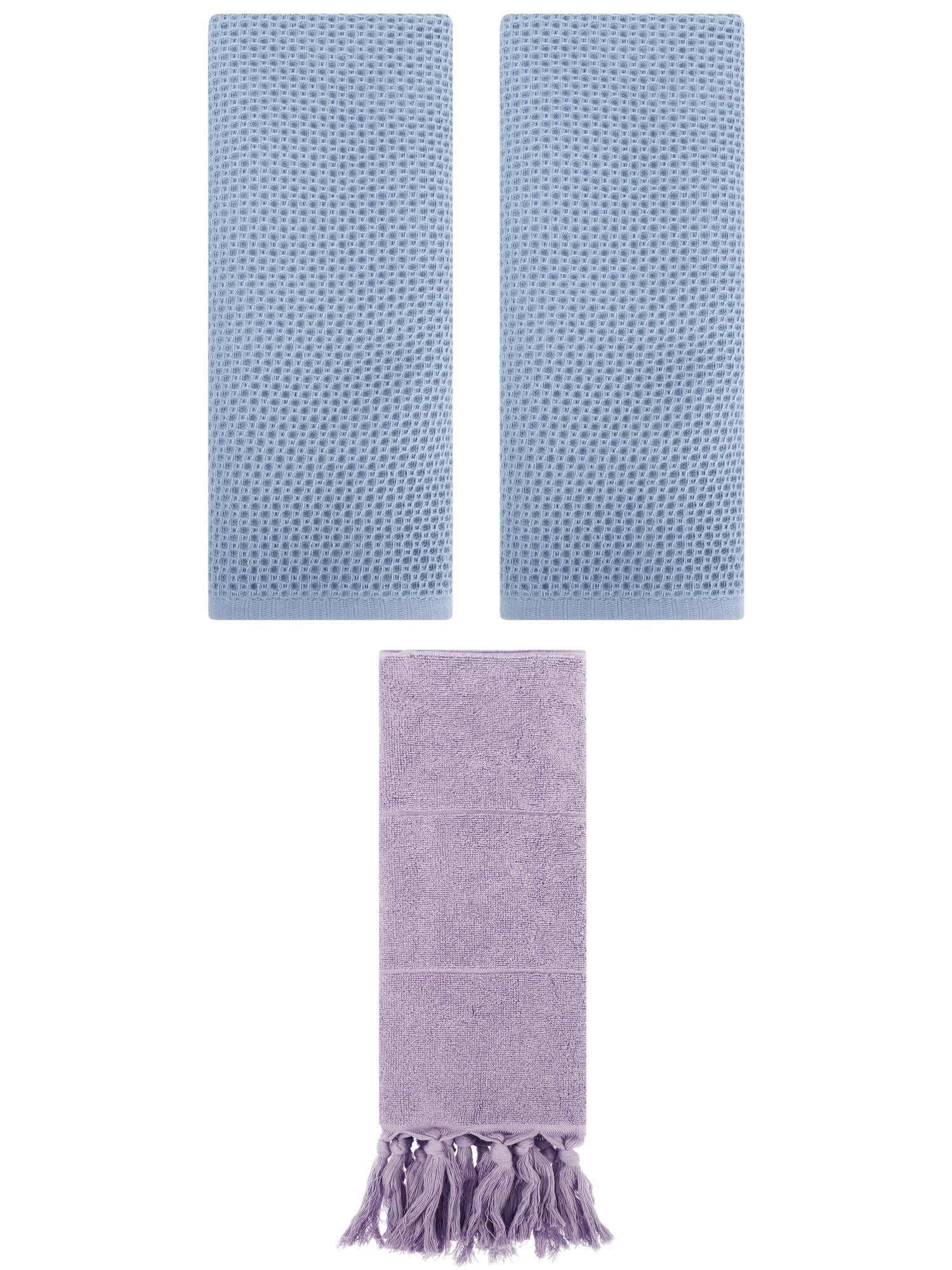 Unique Bargains 3 Pcs Tassels Waffle Hand Towel Purple/Steel Blue 14"x30"/13"x30"