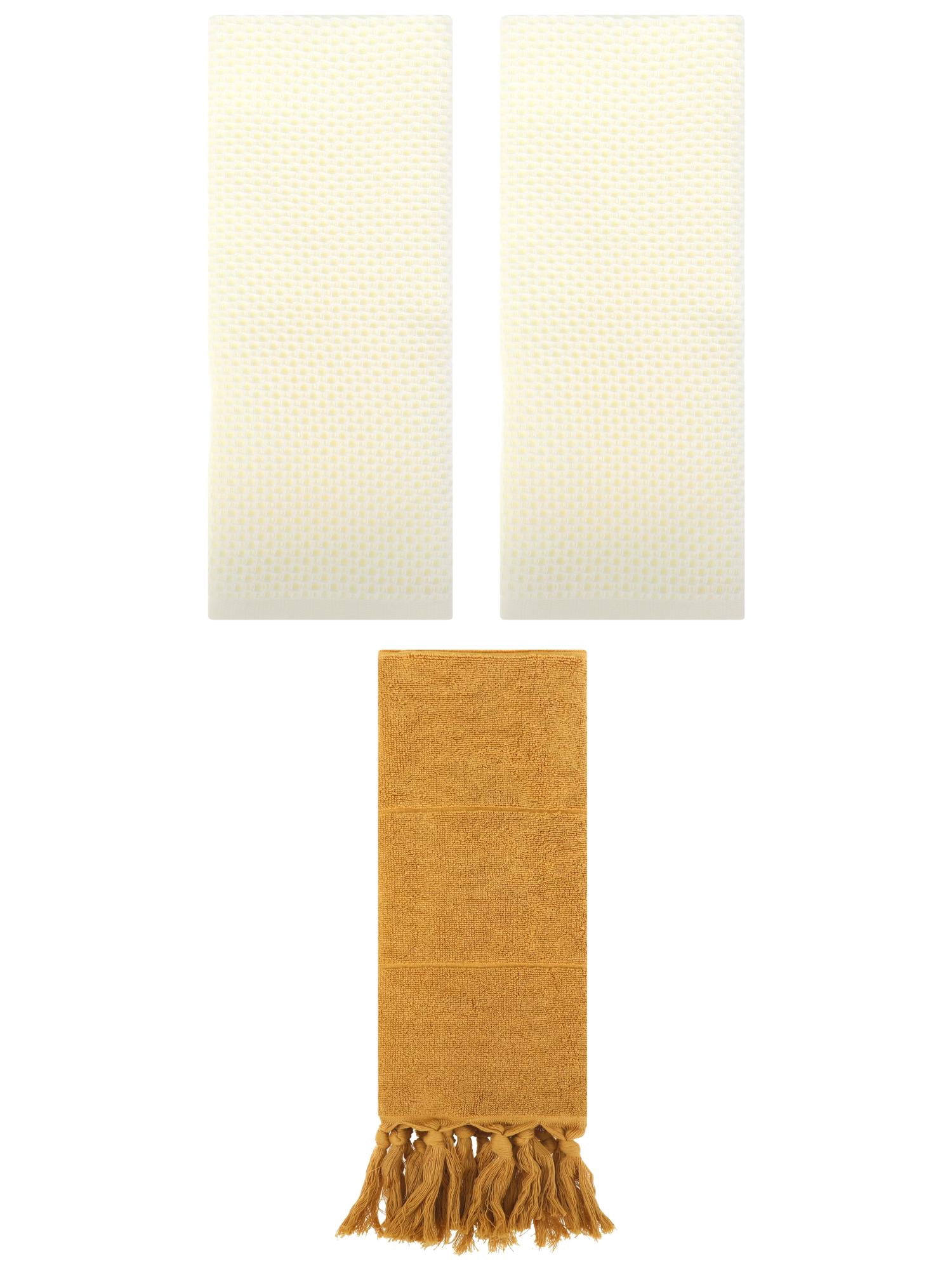 Unique Bargains 3 Pcs Tassels Waffle Hand Towel Yellow/Beige 14"x30"/13"x30"