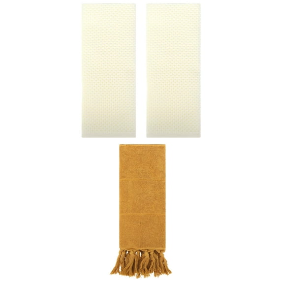 Unique Bargains 3 Pcs Tassels Waffle Hand Towel Yellow/Beige 14"x30"/13"x30"