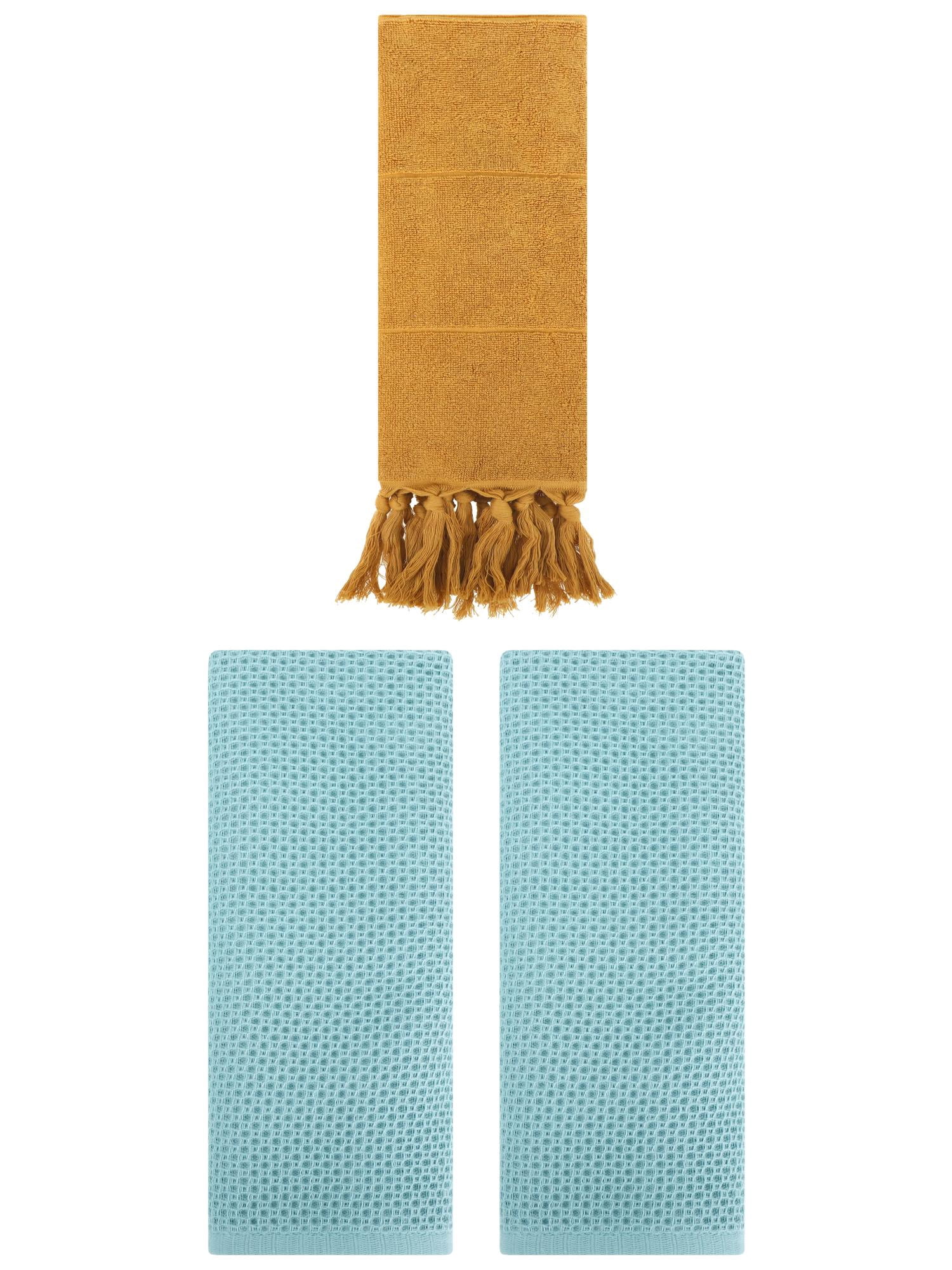 Unique Bargains 3 Pcs Tassels Waffle Hand Towel Yellow/Light Blue 14"x30"/13"x30"
