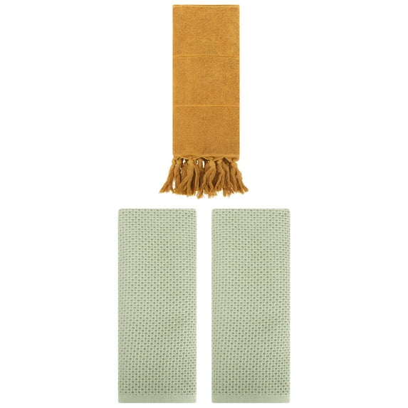 Unique Bargains 3 Pcs Tassels Waffle Hand Towel Yellow/Light Green 14"x30"/13"x30"