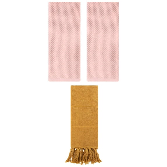 Unique Bargains 3 Pcs Tassels Waffle Hand Towel Yellow/Pink 14"x30"/13"x30"