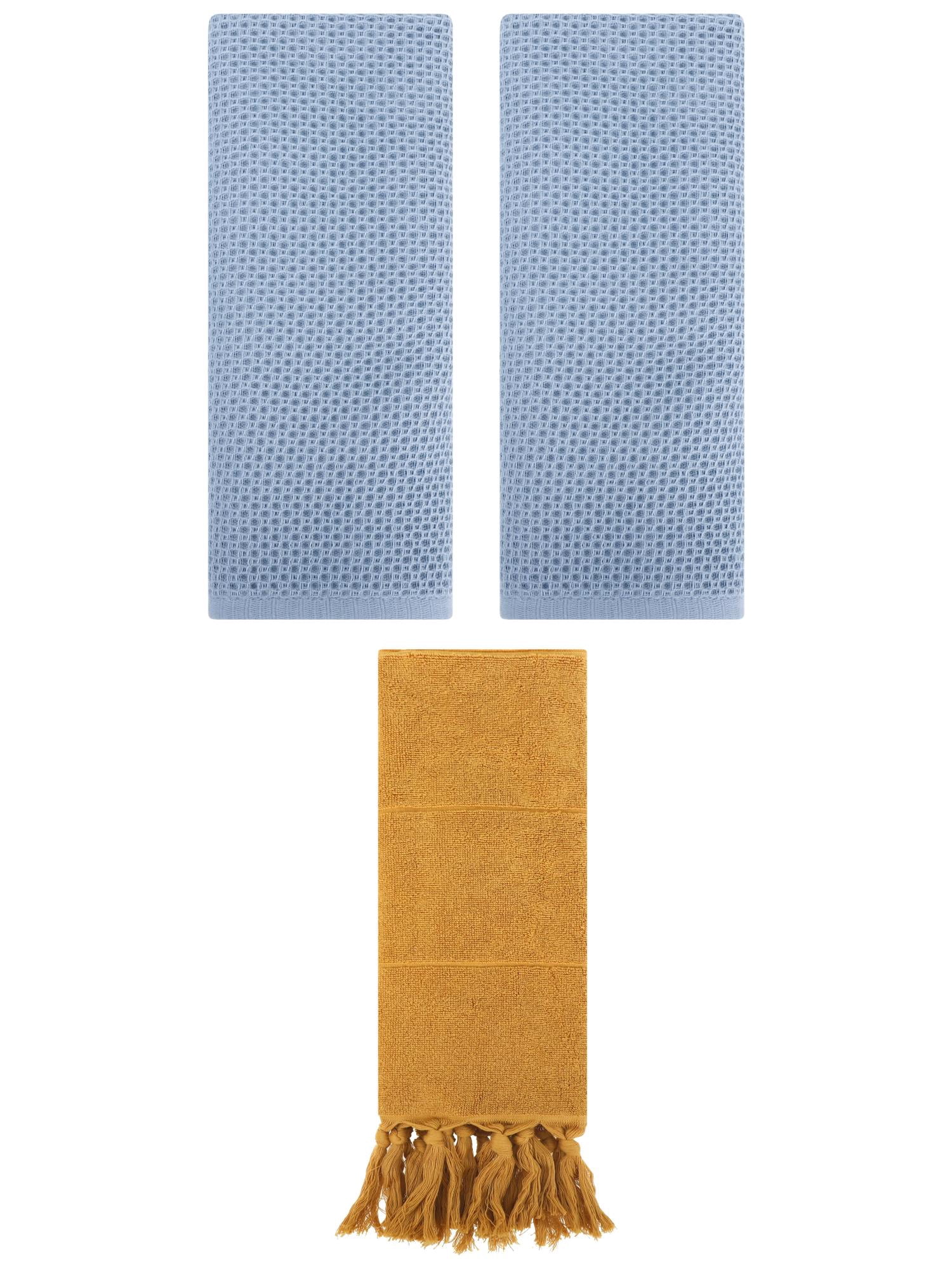 Unique Bargains 3 Pcs Tassels Waffle Hand Towel Yellow/Steel Blue 14"x30"/13"x30"