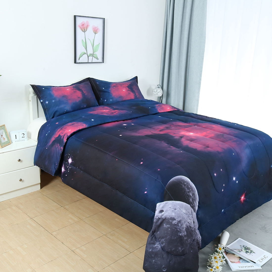Unique Bargains 3-Piece Polyester All-Season Down Comforter Set, Full, Fuchsia