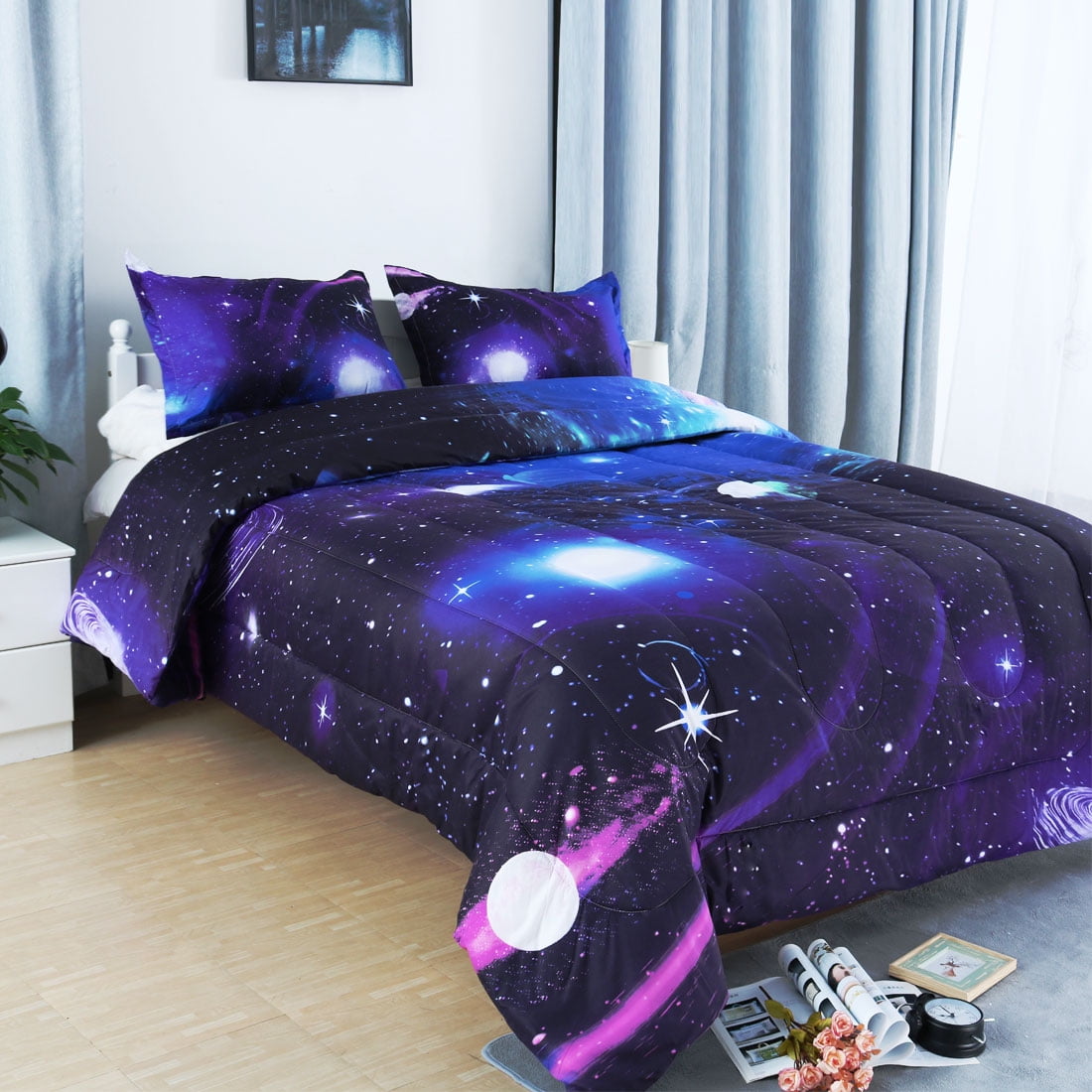 Unique Bargains 3-Piece Polyester All-Season Down Comforter Set, Full, Purple