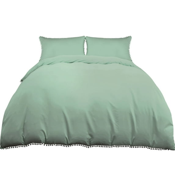 Unique Bargains 3 Pieces Pompoms Duvet Cover Bedding Set King Green