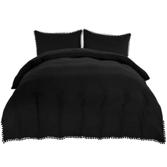 Unique Bargains 3 Pieces Pompoms Duvet Cover Bedding Set Queen Black