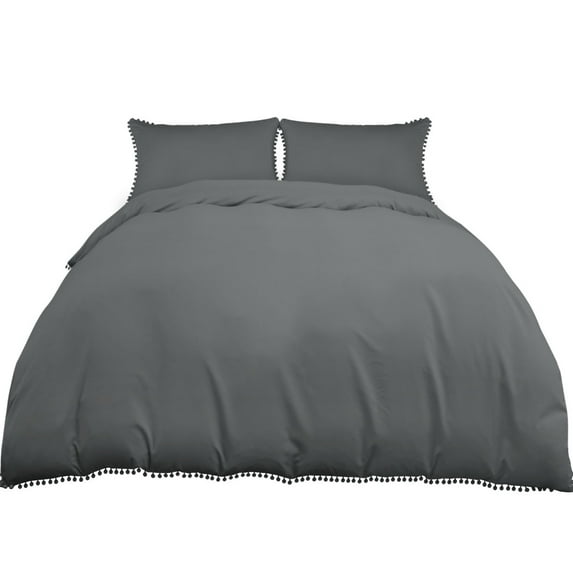Unique Bargains 3 Pieces Pompoms Duvet Cover Bedding Set Queen Dark Gray