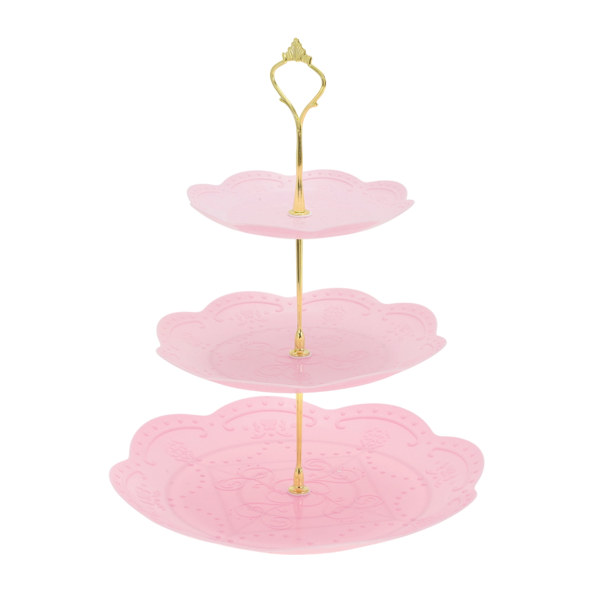 Unique Bargains 3 Tier Cupcake Stand Holder Round Tower for Donuts Pink Gold Tone
