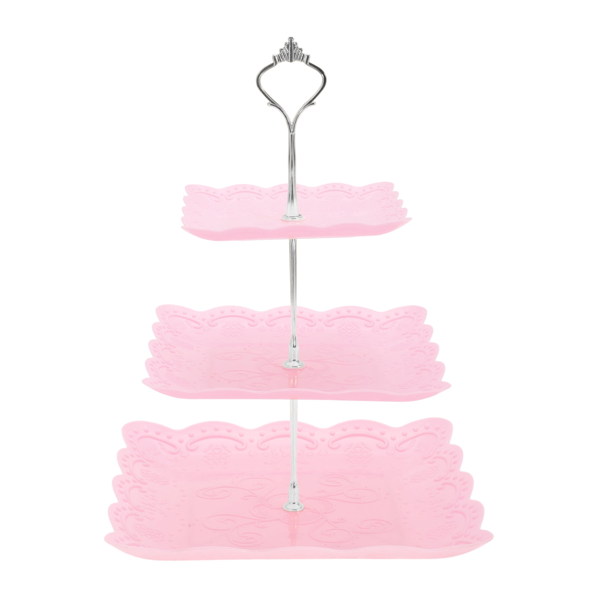 Unique Bargains 3 Tier Cupcake Stand Holder for Donuts Fruits, Pink Silver Tone