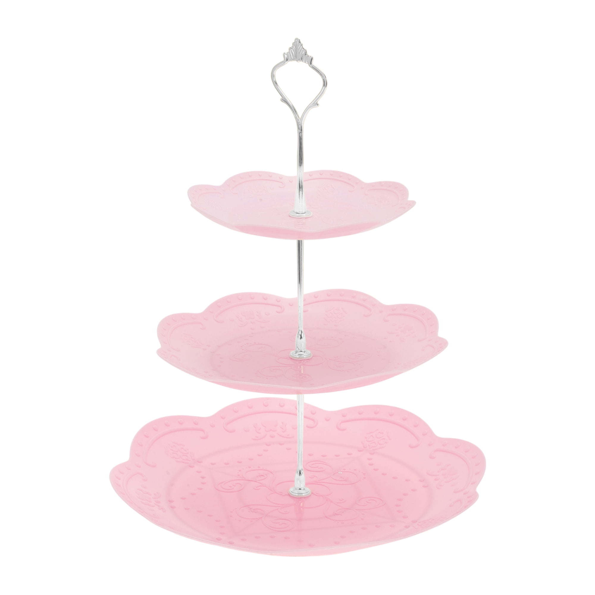 Unique Bargains 3 Tier Dessert Cupcake Stand Holder Round Cup Cake Tower Pink