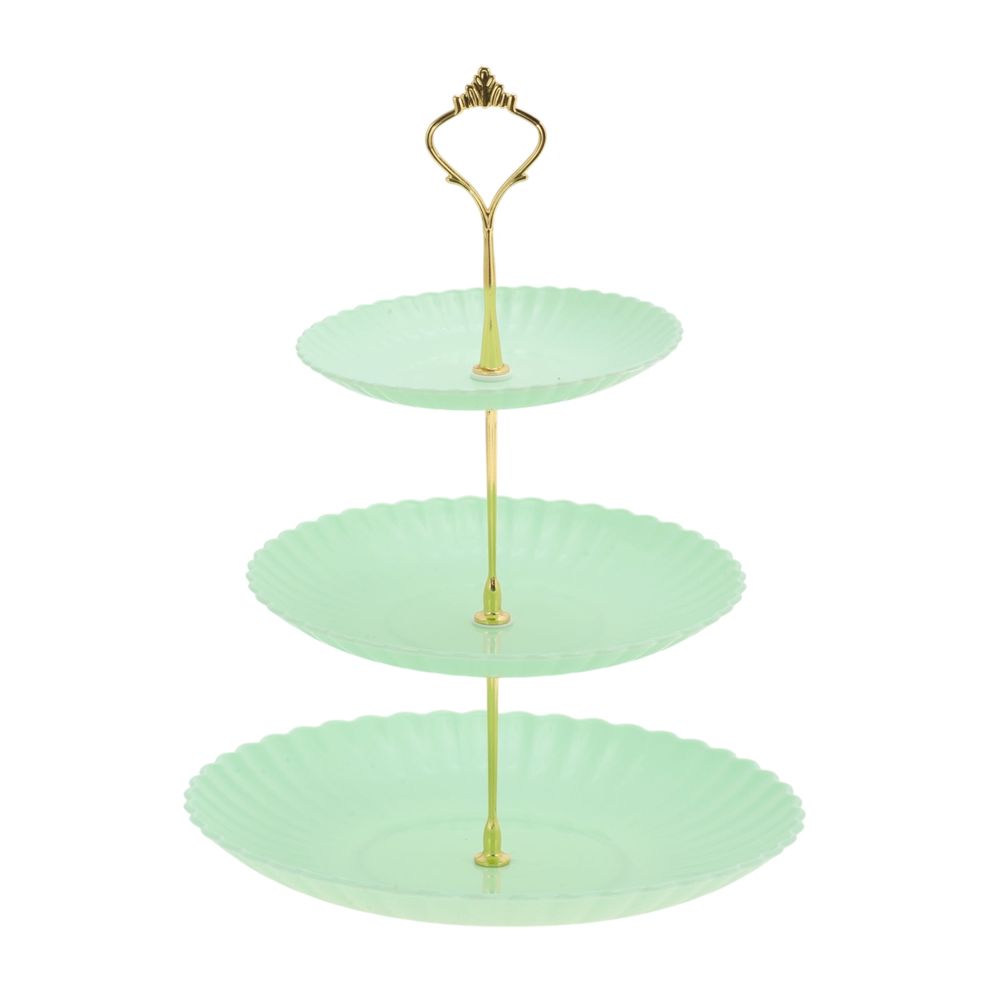 Unique Bargains 3 Tier Dessert Cupcake Stand Holder Wave Style Green Gold Tone