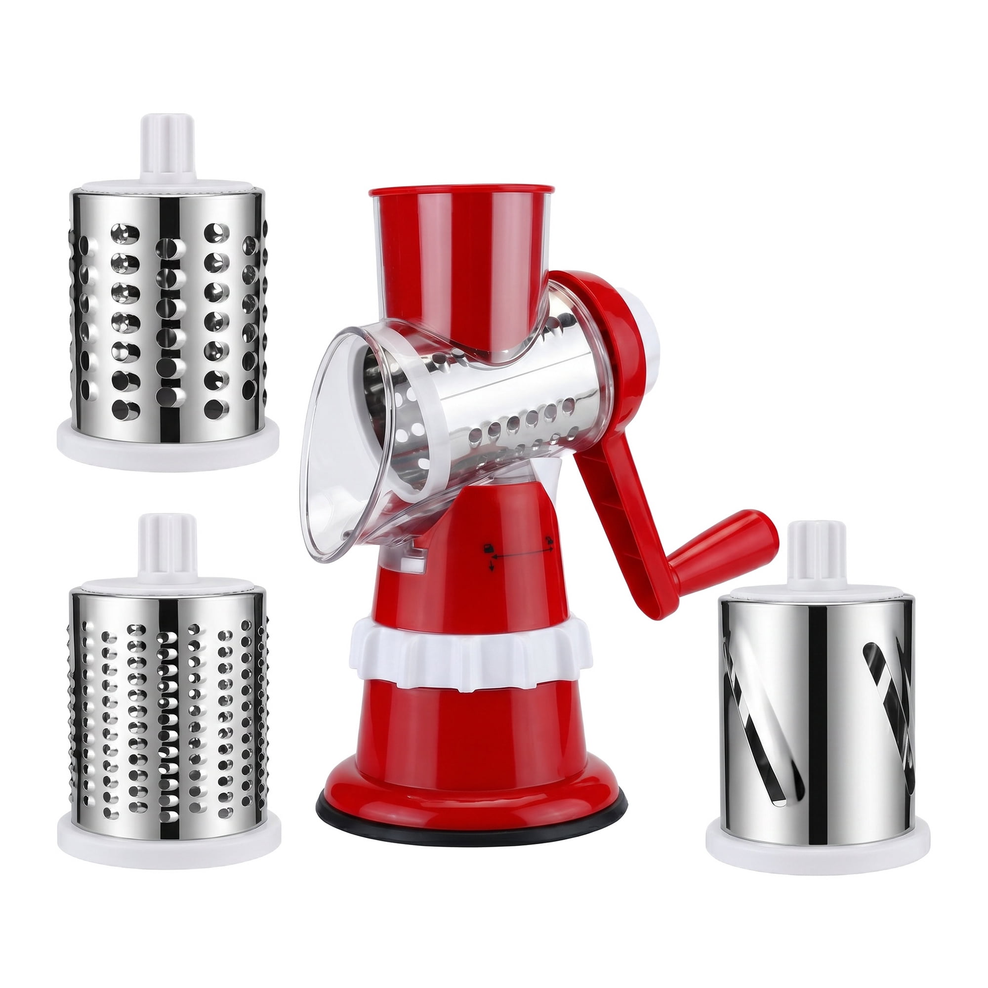 Unique Bargains 3-in-1 Rotary Chopper Manual Slicer with 3 Drums Red 7.7" x 5.2"