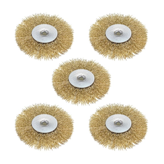 Unique Bargains 3-inch Wire Wheel Brush Bench Brass Plated Crimped Steel with 1/4-inch Arbor Hole 5Pcs