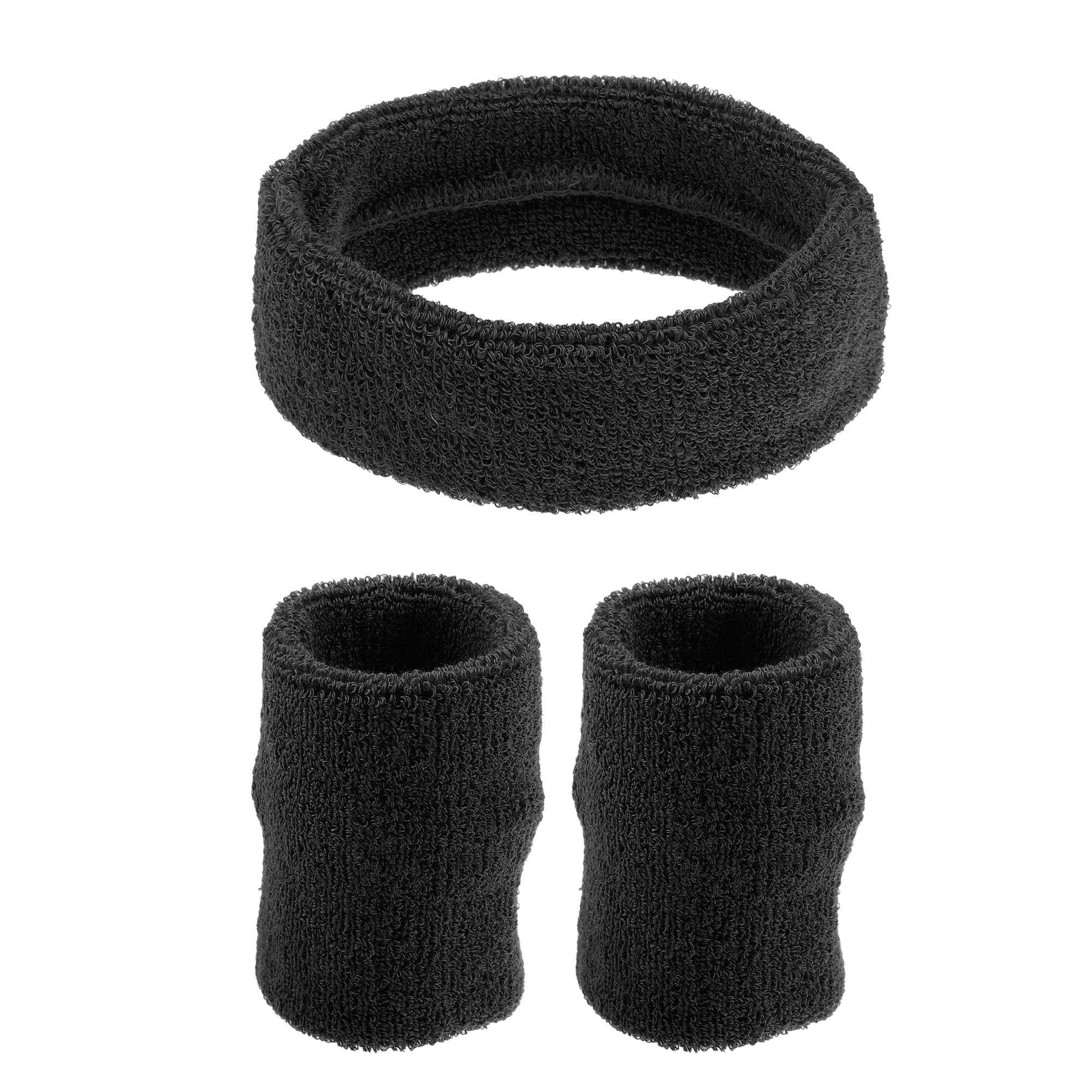 Unique Bargains 3 pcs Sport Headband Wristband Stretchy Cotton Blend Sweat Absorbing Black