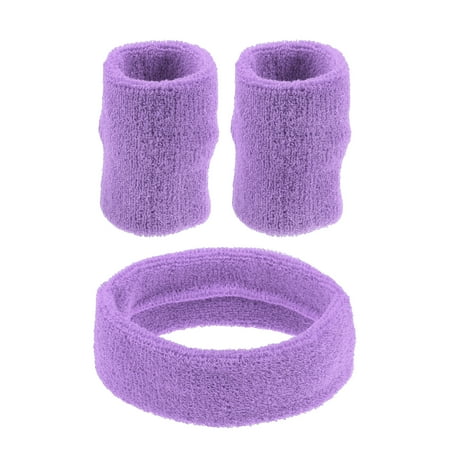 Unique Bargains 3 pcs Sports Headband Wristband Cotton Blend Sweat Absorbing Head Band Light Purple for Women