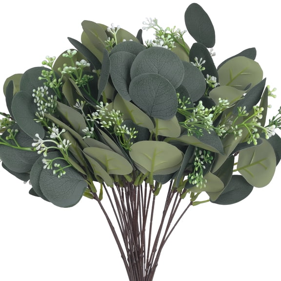 Unique Bargains 30 Pack Artificial Green Leaves Faux Bulk Greenery Stems Green Eucalyptus Stems 11"