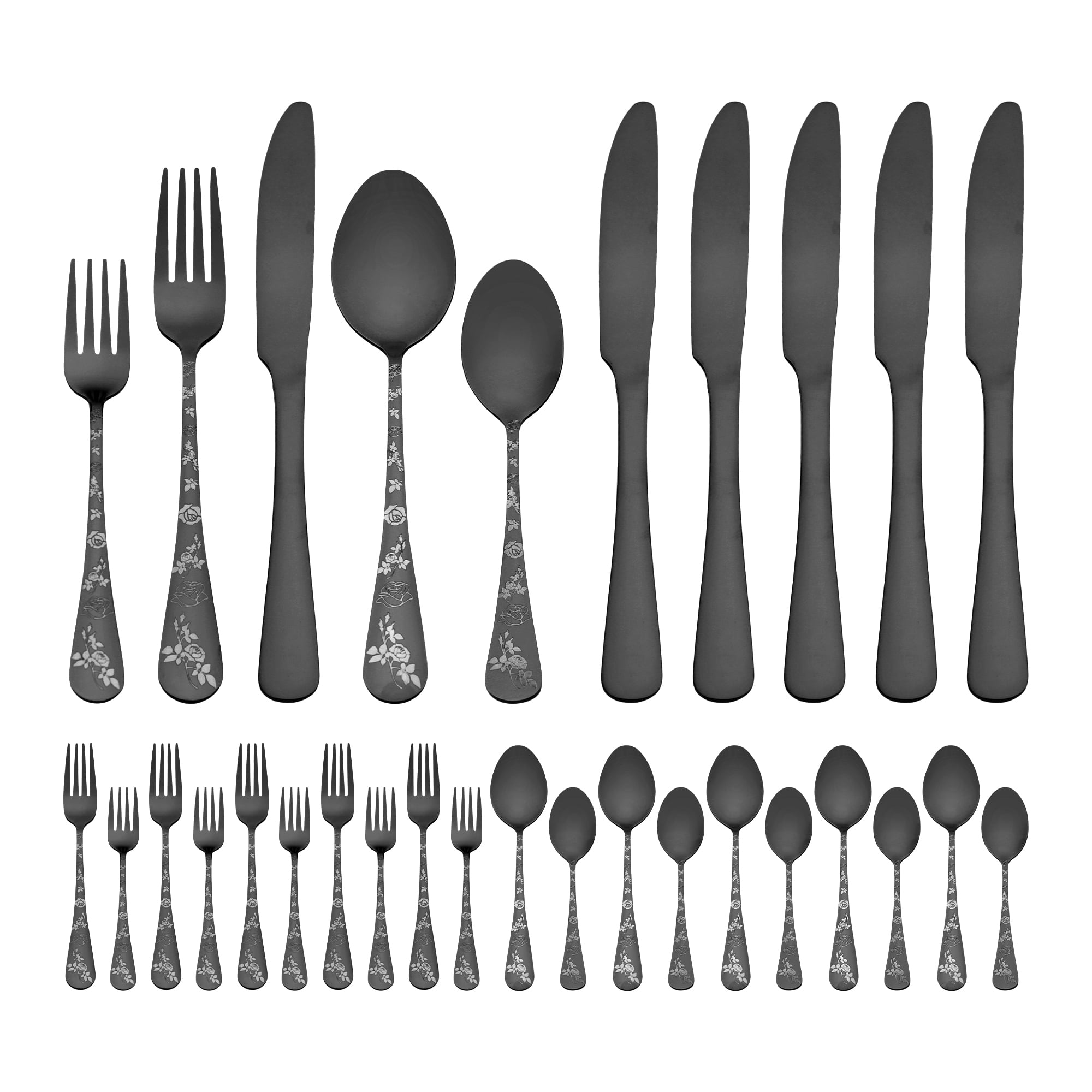 Unique Bargains 30 Piece Silverware Set for 6 Stainless Steel Floral Flatware Black 30