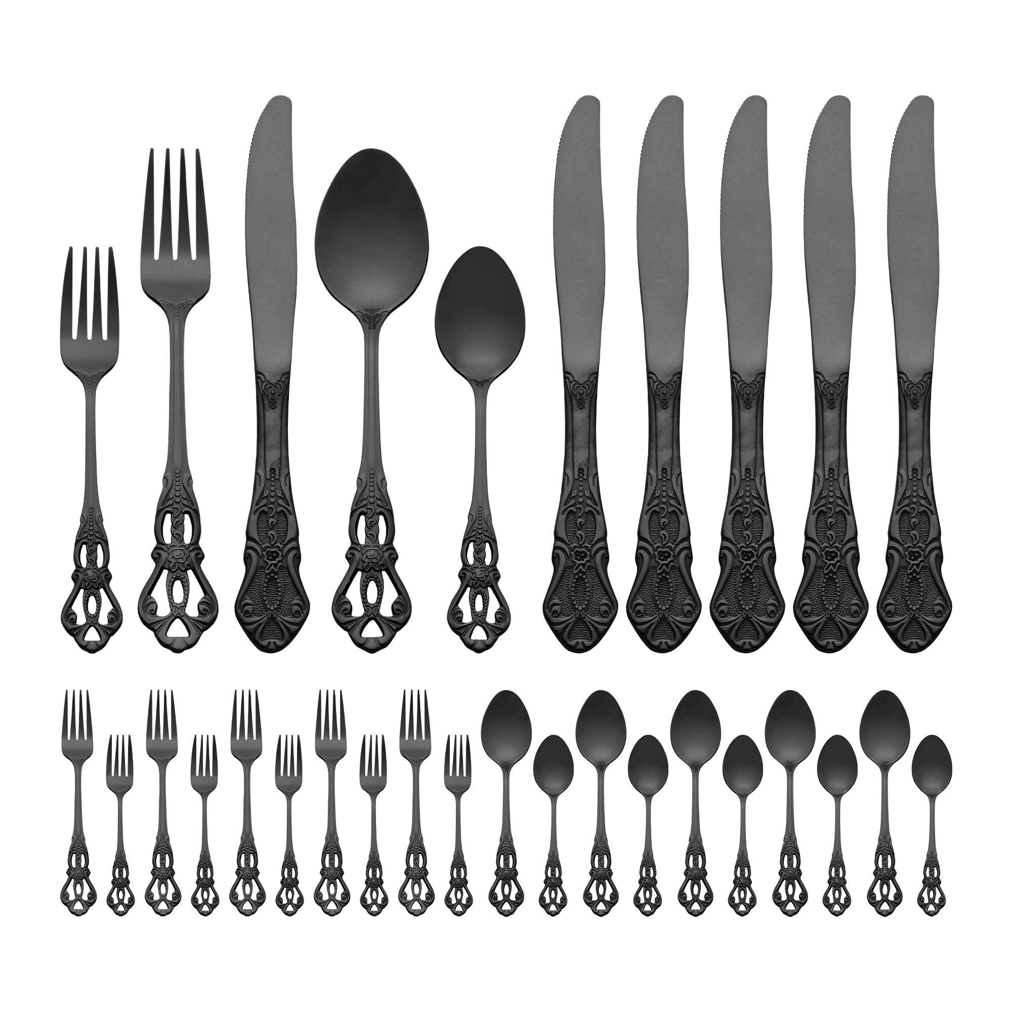 Unique Bargains 30 Piece Silverware Stainless Steel Flatware Set with Openwork Black
