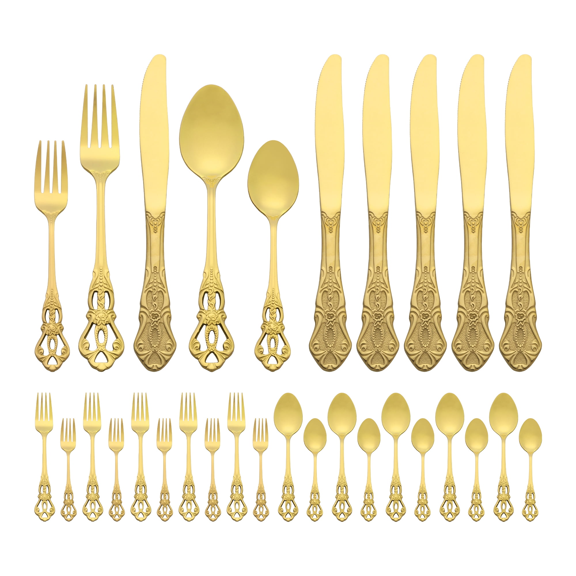 Unique Bargains 30 Piece Silverware Stainless Steel Flatware Set with Openwork Gold