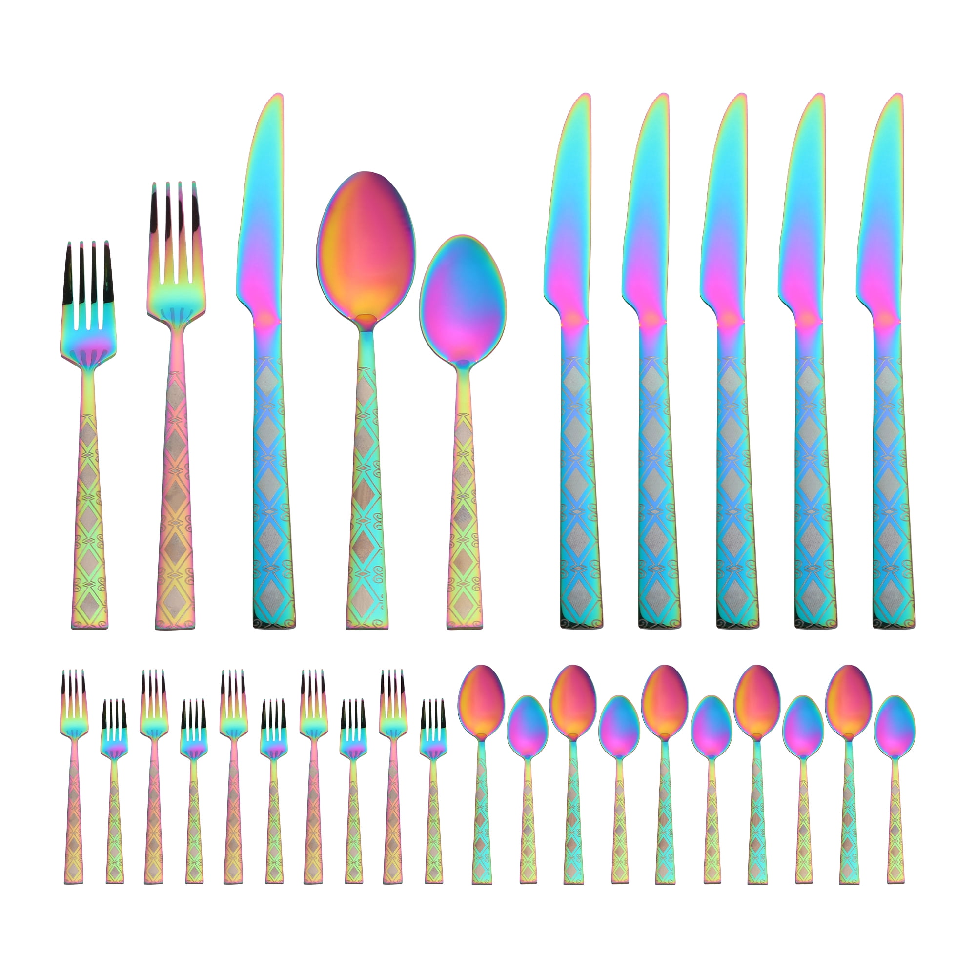 Unique Bargains 30 Piece Stainless Steel Floral Print Flatware Set for 6 Cutlery Colorful