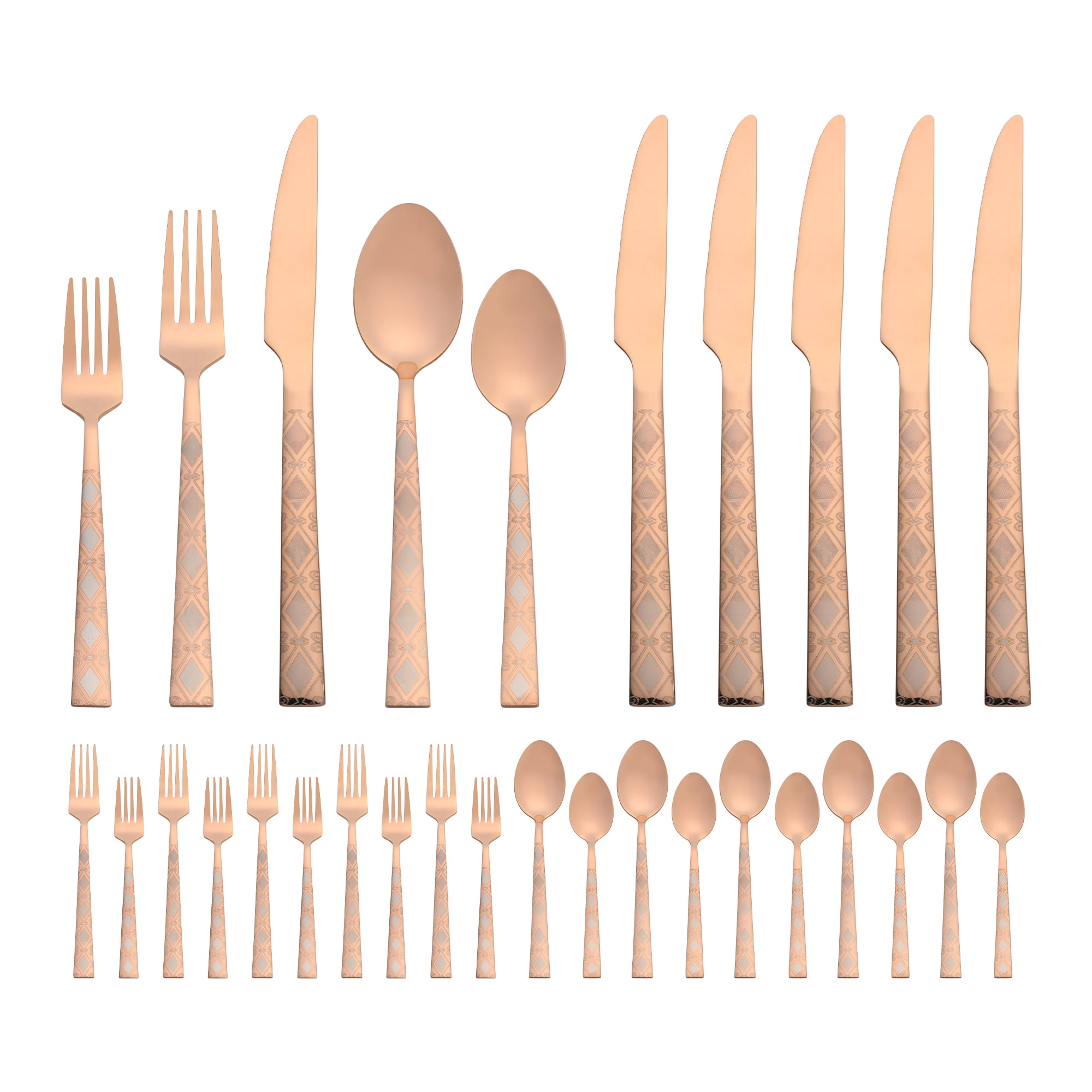 Unique Bargains 30 Piece Stainless Steel Floral Print Flatware Set for 6 Cutlery Rose Gold