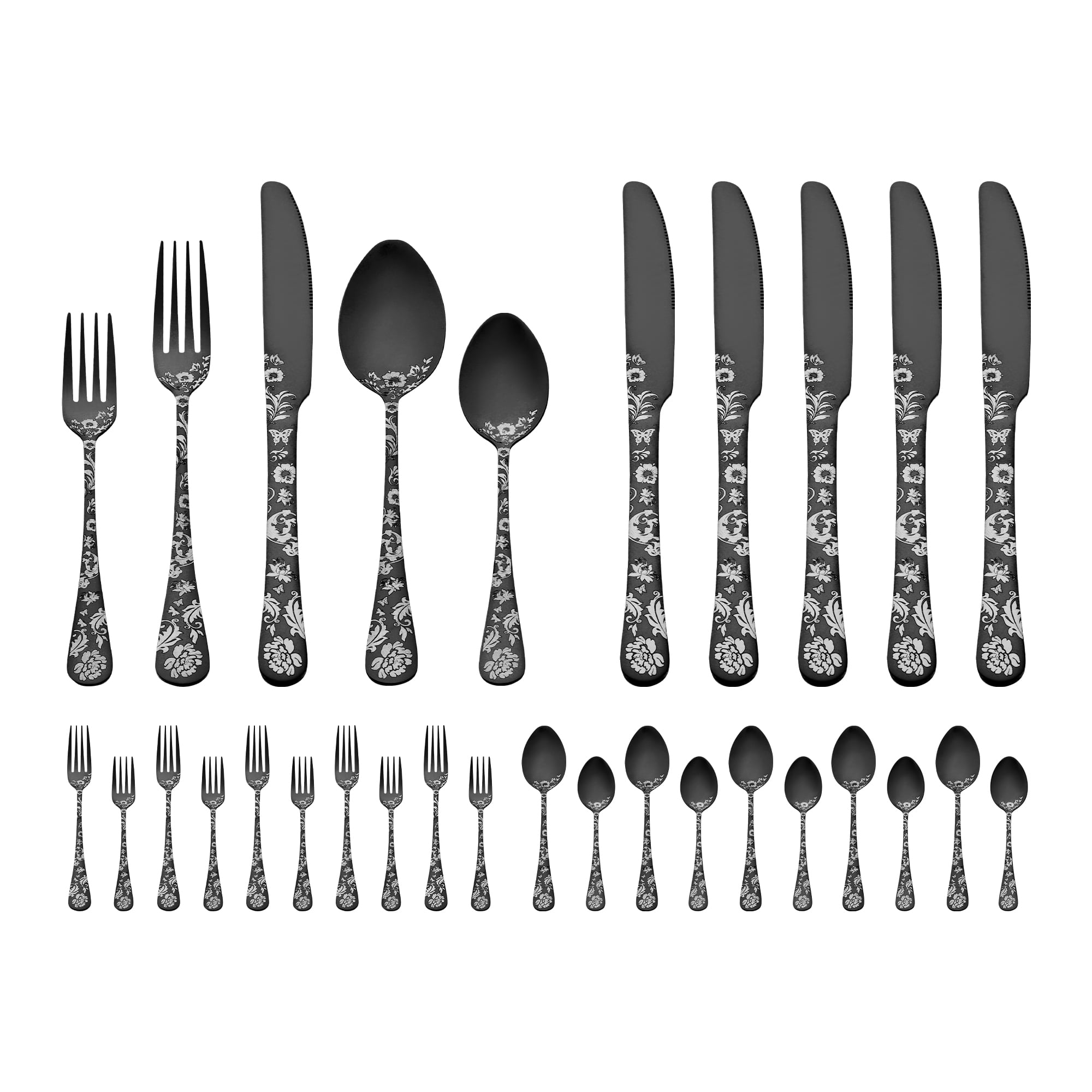 Unique Bargains 30-Pieces Floral Stainless Steel Flatware Set for 6 Black