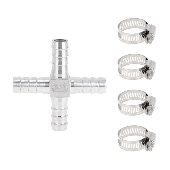 Unique Bargains 304 Stainless Steel Hose Barb Fittings 19/32" Cross 4 Way Pipe Connector for Air Water Oil Gas Fuel 1 Set Silver Tone